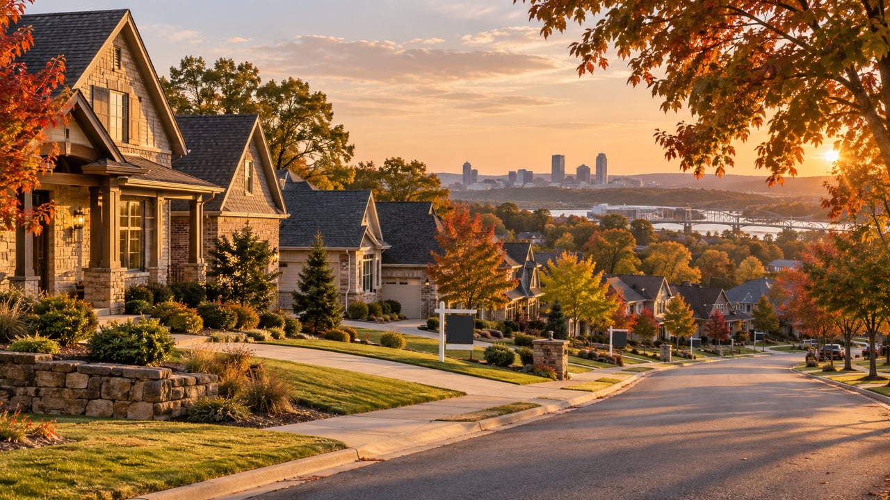 Autumn neighborhood street with detached homes, a distant skyline, river, and bridge at sunset.