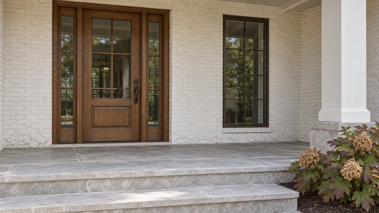 White-painted brick porch with a glazed oak front door, matched sidelights, bronze-framed window and limestone steps beside an oakleaf hydrangea.