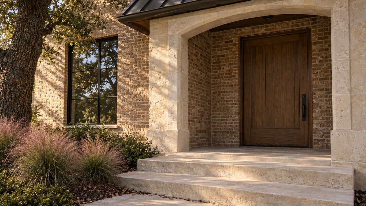 Recessed oak entry beneath a limestone arch, with brick walls, broad stone steps, and grasses beside an oak tree.