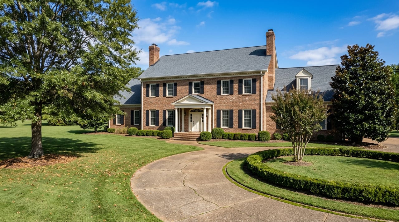 Two-story brick estate with a columned portico, curving drive, deep lawn, and mature trees.
