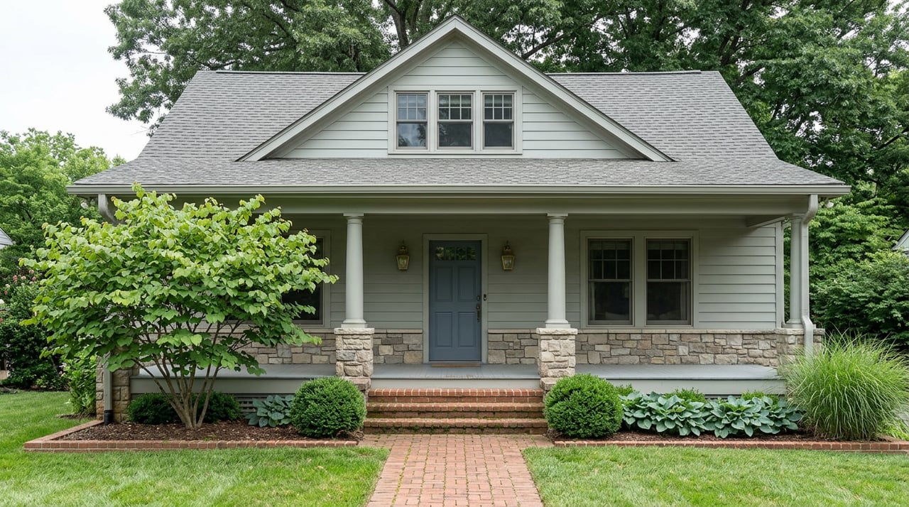 Two-story gray-green home with a slate-blue door, covered porch, brick walk, and mature oak canopy.