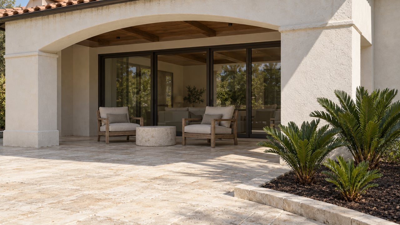 Covered stone patio with cushioned chairs beneath a timber ceiling, beside sliding glass doors and tropical plants.