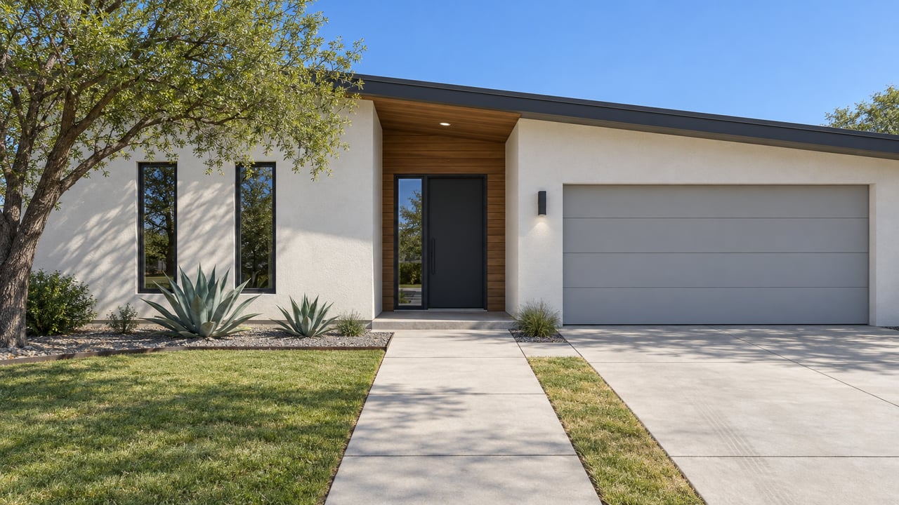 Contemporary single-story stucco home with a shaded cedar-lined entry, gray garage door, lawn, and sculptural drought-tolerant planting.