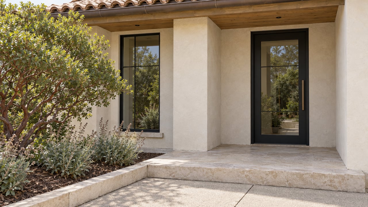 Cream stucco home entrance with black-framed glazing, pale limestone steps, and a sculptural manzanita beside the porch.