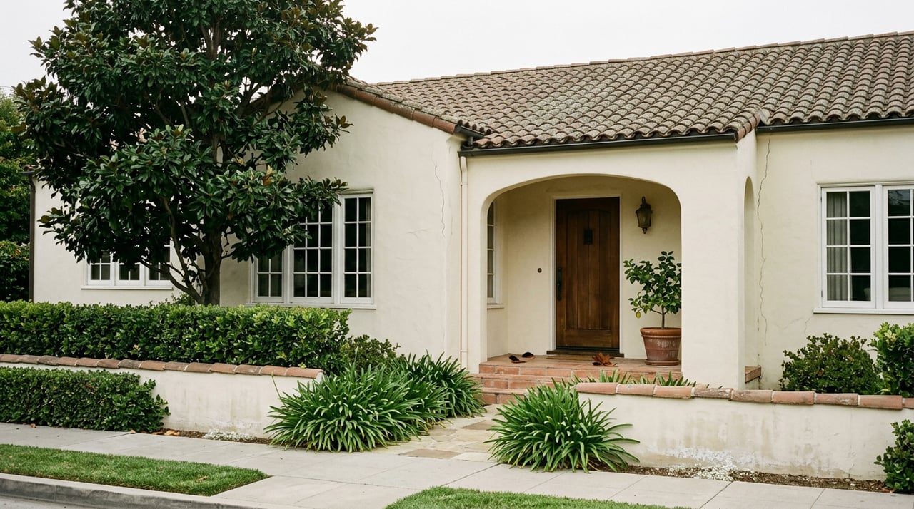 Spanish Revival stucco home with a clay tile roof, arched entry, magnolia tree, and narrow flagstone walkway.