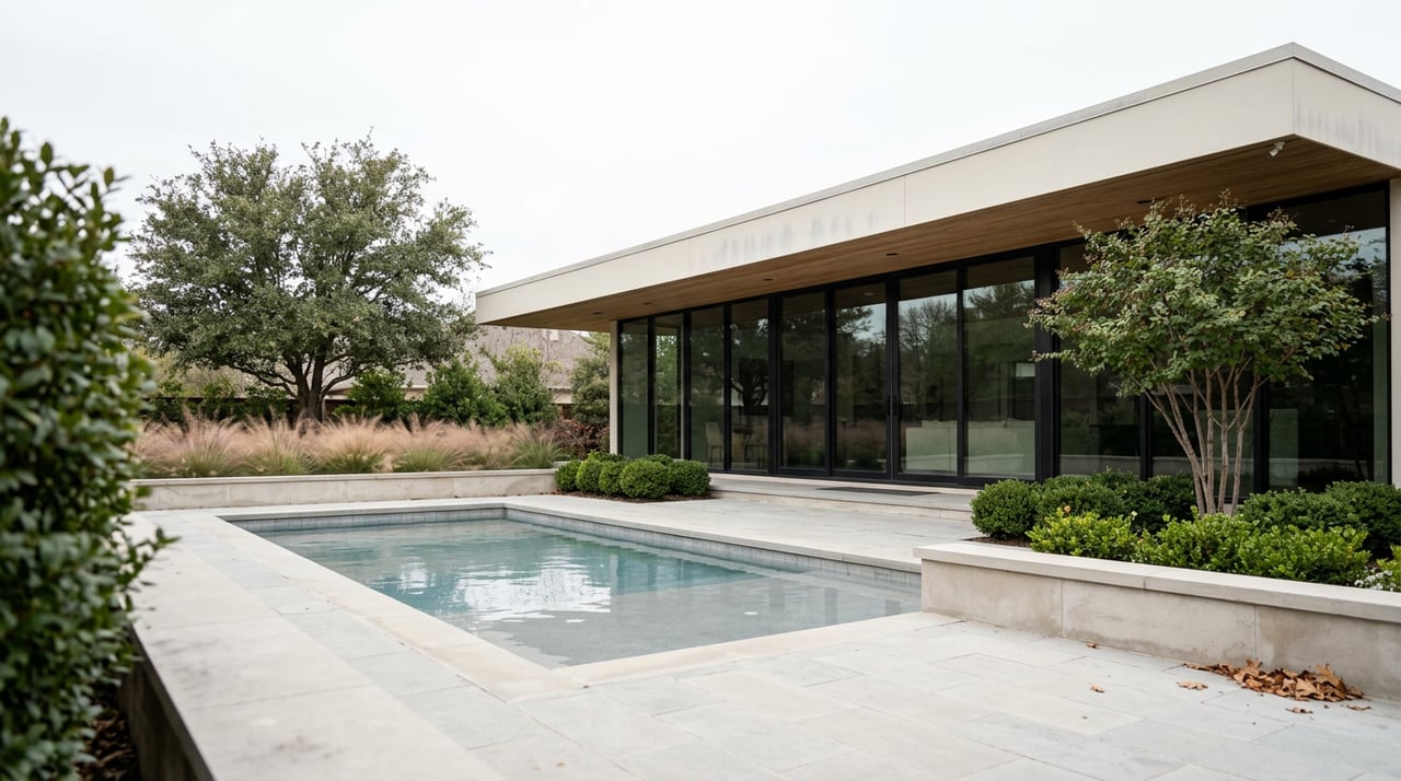 Contemporary home with a cantilevered roof and glass wall overlooking a limestone pool terrace edged with ornamental grasses.