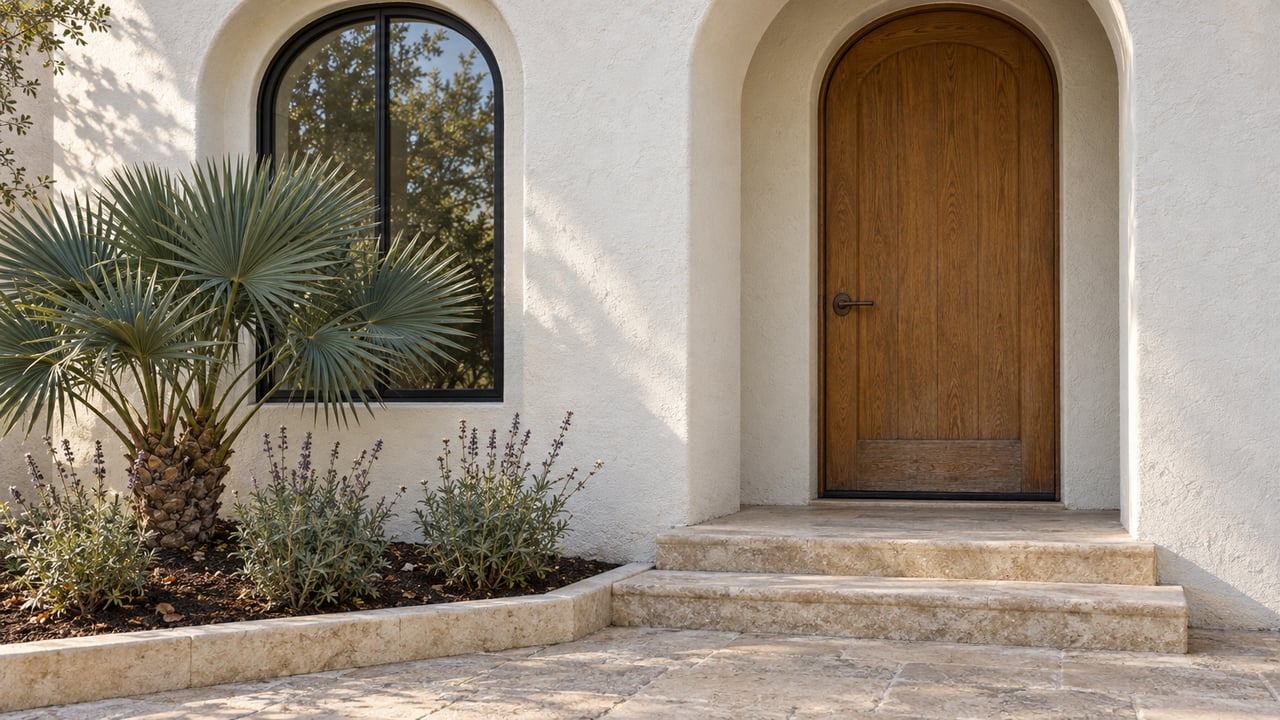 Cream stucco home entrance with a recessed oak door, black-framed arched window, limestone steps and sculptural fan aloe.
