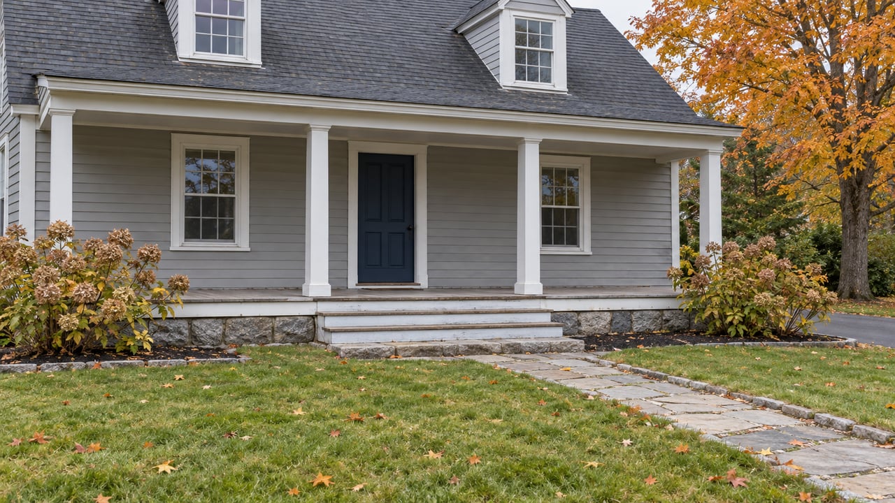 Gray clapboard home with white-trimmed dormers and a covered front porch beyond an autumn lawn and granite walkway.