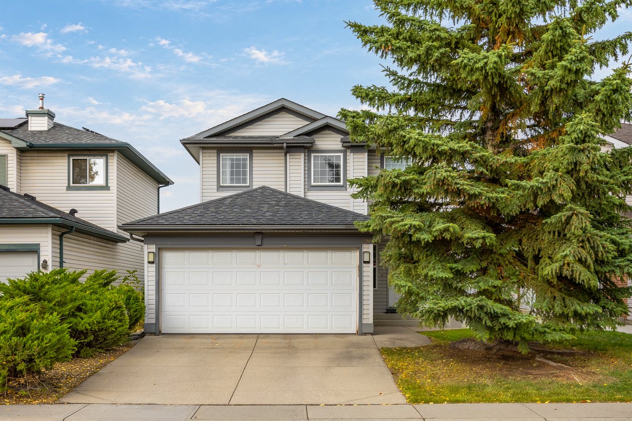 Two-story gray house with a double garage and wide driveway, partly screened by a large evergreen tree.