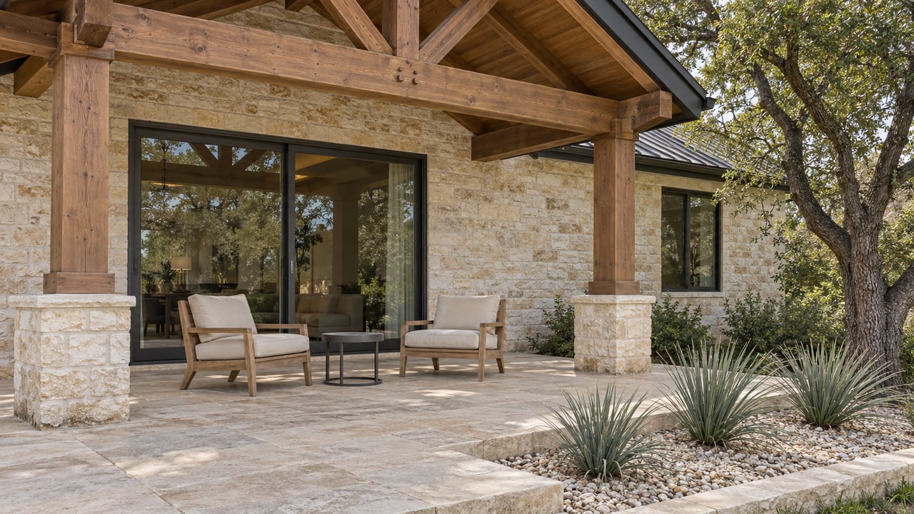 Limestone home's covered patio with cedar beams, two teak chairs and a bordered bed of red yucca beneath a mature live oak.