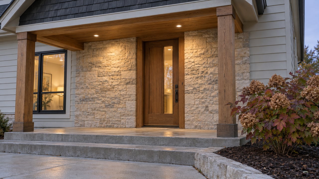 A sheltered oak-and-limestone home entrance at dusk, with pale siding, black-framed glazing and an autumn oakleaf hydrangea beside broad concrete steps.