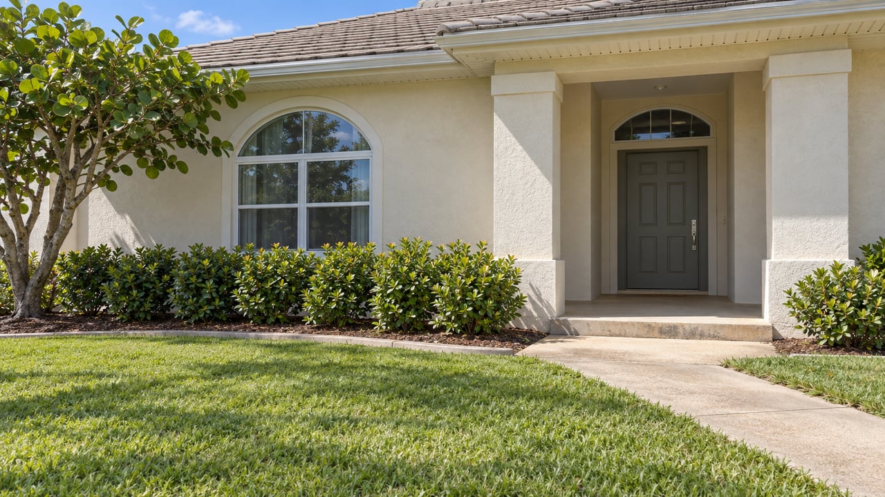 Cream stucco home with a concrete-tile hip roof, shaded entry, arched window and green lawn bordered by sea grape and cocoplum.