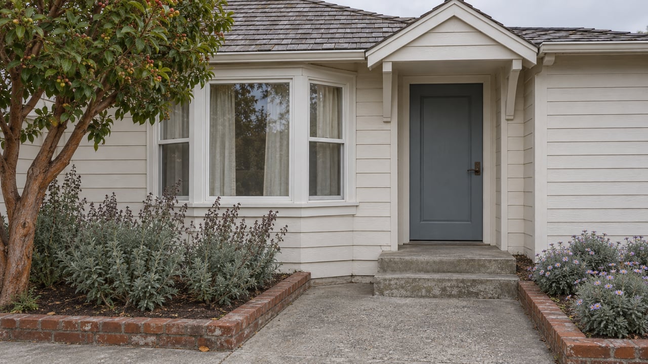 Weathered off-white cottage with a blue-gray entry door, a projecting window bay, and a short brick-edged concrete garden path.