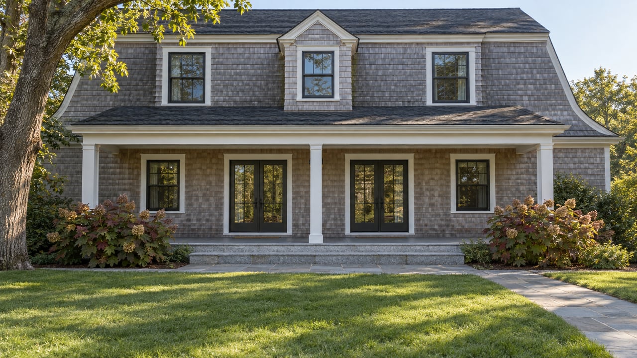 Weathered cedar-shingle house with a gambrel roof, white covered porch, bluestone approach, and spacious lawn in morning light.