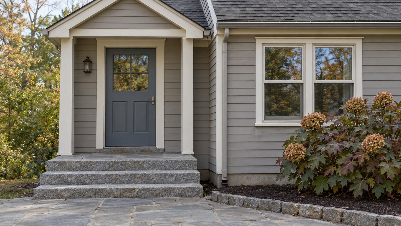Gray clapboard townhouse entrance with a blue-gray glazed door, granite steps, bluestone walk, and oakleaf hydrangea beside a paired window.
