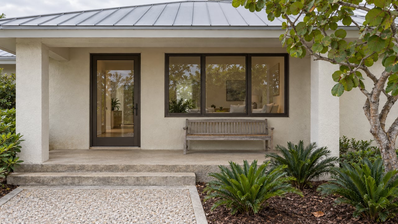 Pale stucco home with a shaded porch, bronze-framed glazing, weathered teak bench and a sculptural sea-grape tree.
