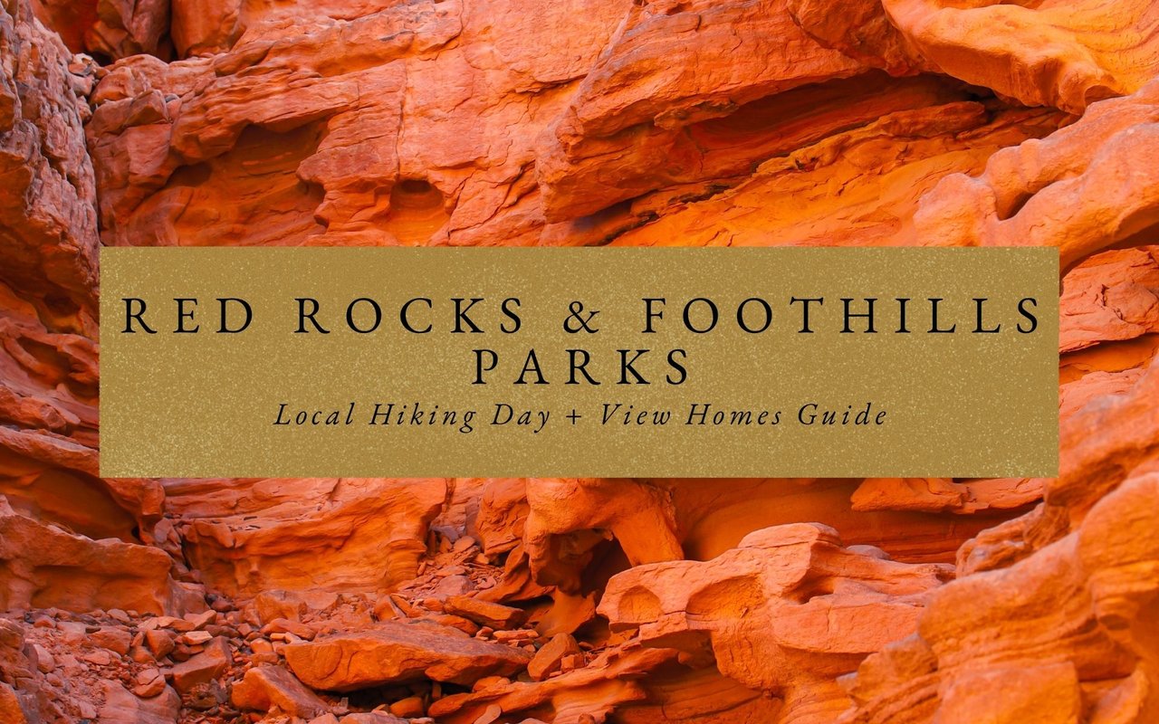 Massive red sandstone boulders along Trading Post Trail in Red Rocks Park with hiker for scale