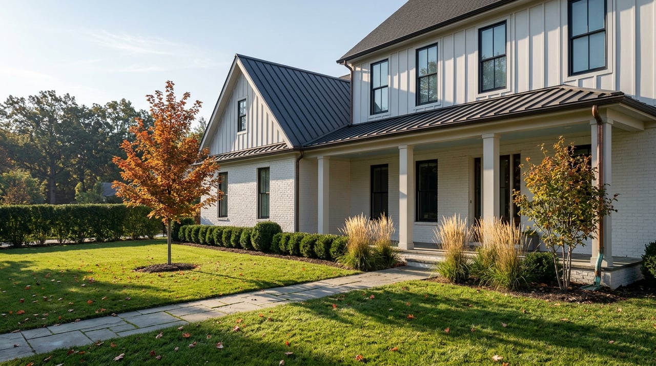 White brick and board-and-batten home with a curving stone walk, autumn maple, and scattered leaves.