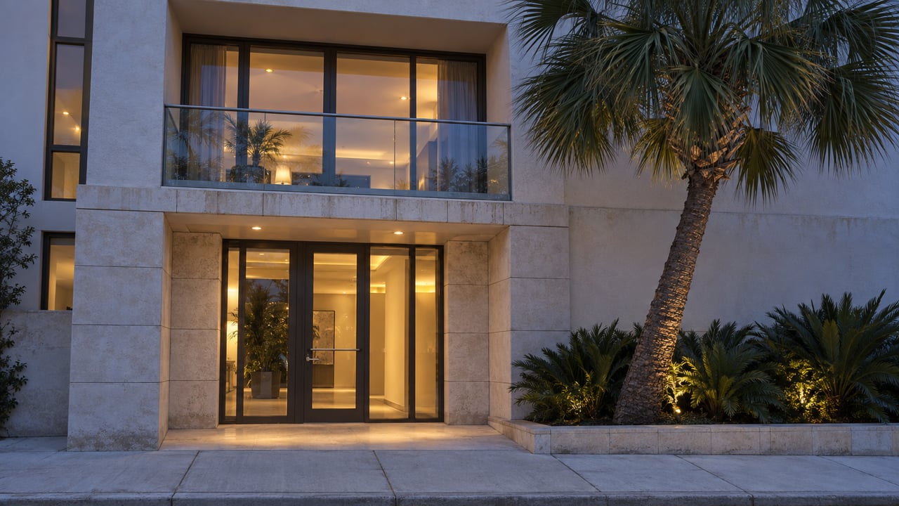 Condominium facade with a glass balcony, warmly lit entrance, and palm tree against a dusk sky.