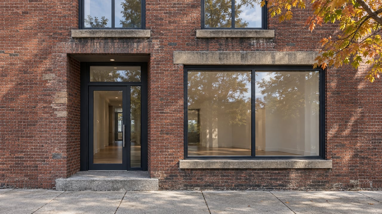 Red-brown brick loft facade with charcoal-framed windows, a recessed glazed entrance and a worn granite step beside a concrete sidewalk.