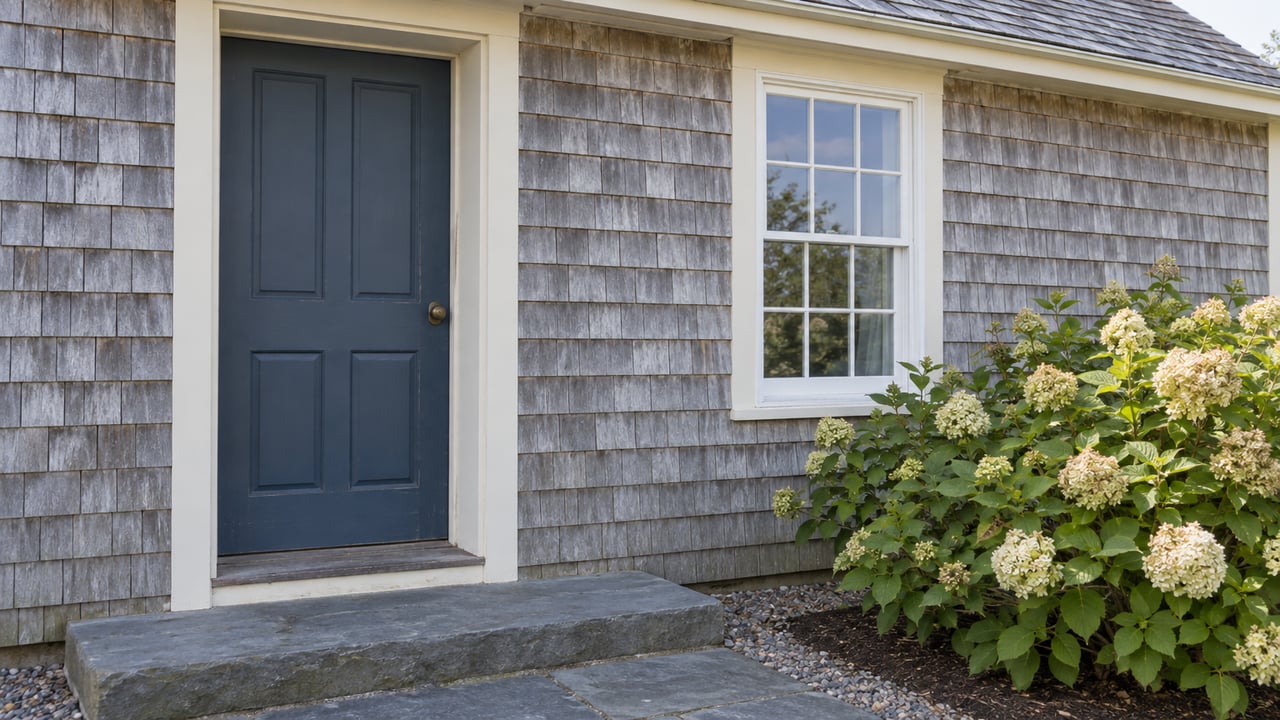 Cottage entry with a muted navy door, six-pane window, worn bluestone step, and ivory hydrangea blooms.