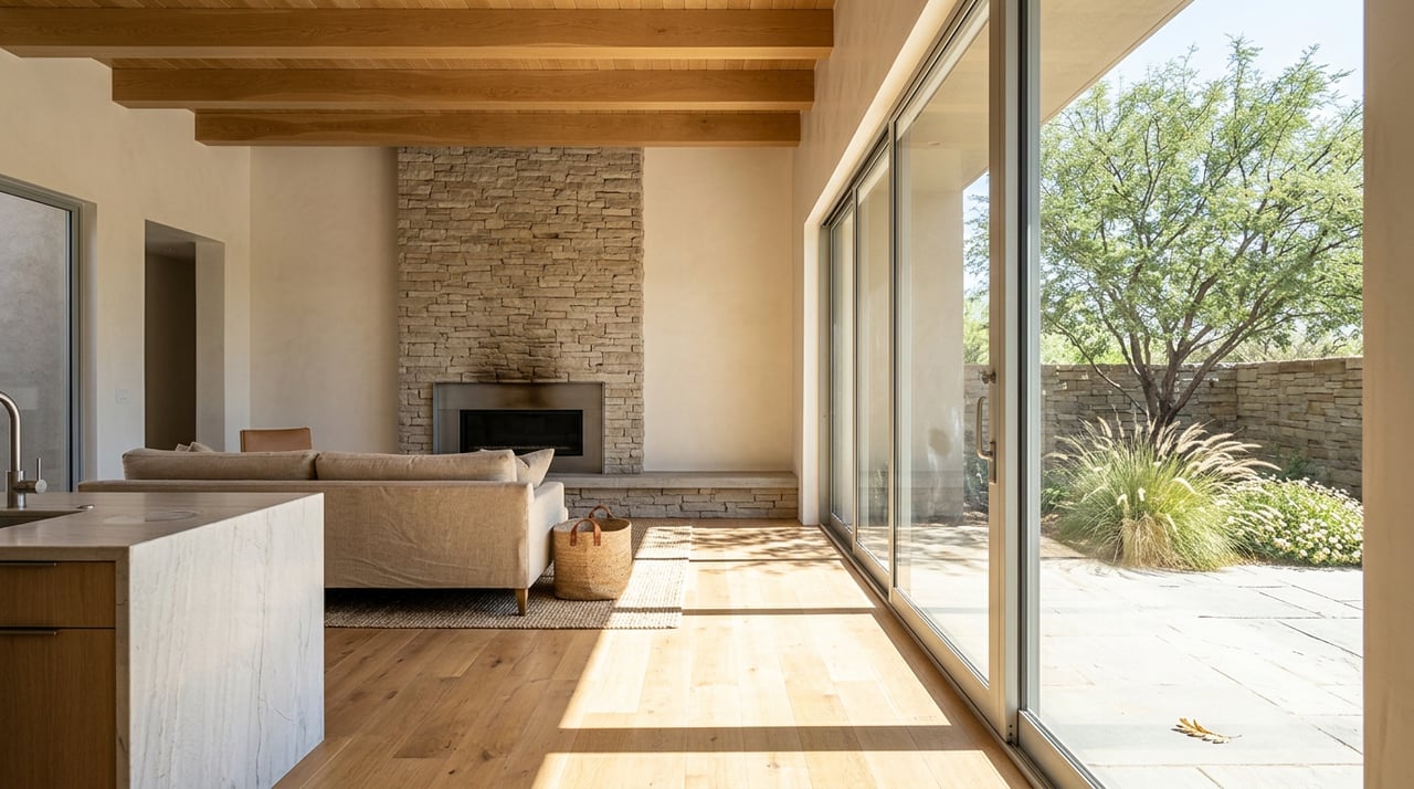 Desert-modern great room with a stacked-stone fireplace, oak beams, and glass doors opening onto a planted stone patio.