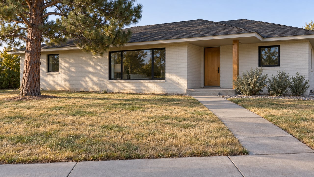 Updated single-story brick home behind a deep autumn lawn, with black-framed windows, a wood entry door, and a mature ponderosa pine.