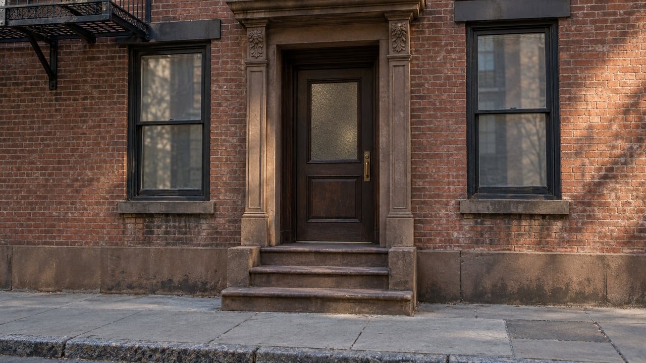 Recessed dark wood doorway in a brick walk-up, above three worn brownstone steps and a concrete sidewalk.