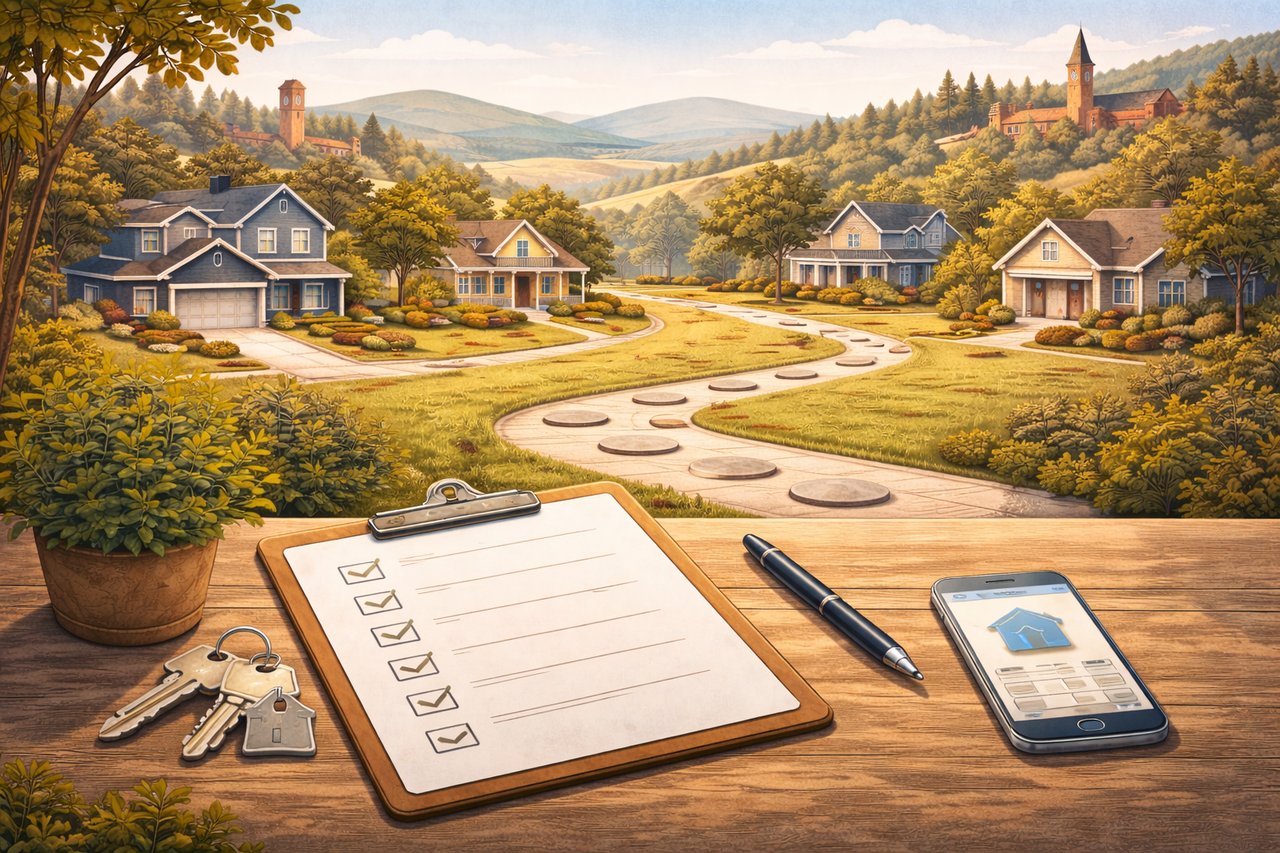 Palouse style illustration showing a home buying roadmap concept with keys and a simple checklist in a Pullman and Moscow neighborhood setting.