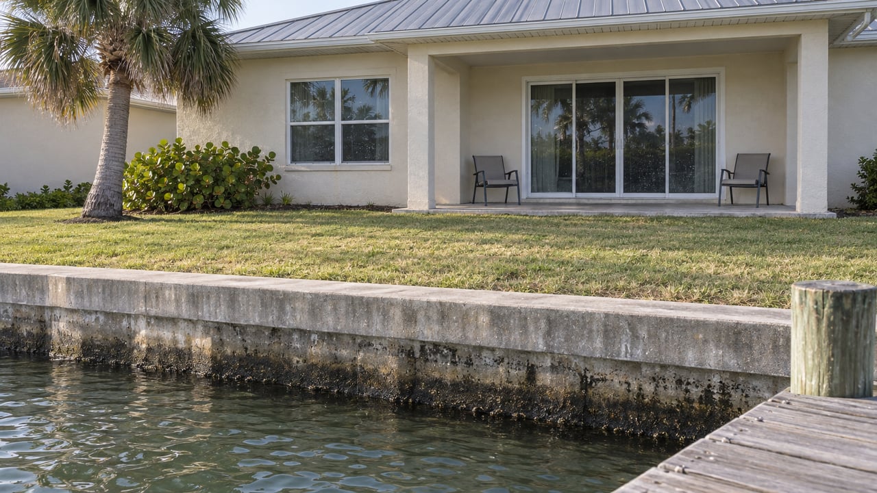 Canal water and a weathered dock beside a concrete seawall, with a deep lawn leading to a pale stucco home's covered rear terrace.