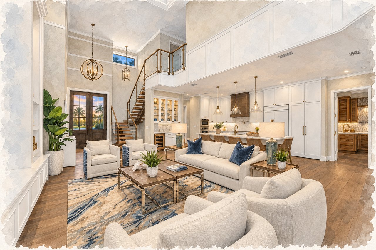 Double-height living room with white seating, a wood staircase, and an open kitchen.