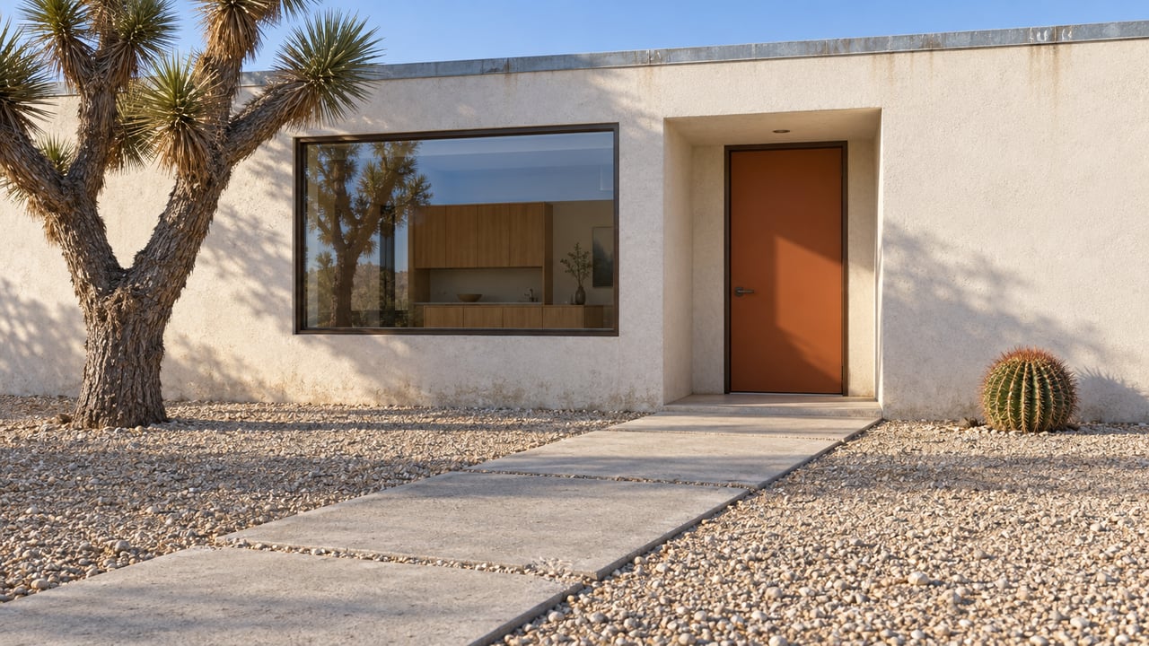 White stucco home with an orange recessed door, a broad concrete approach through pale gravel, and a branching desert tree.