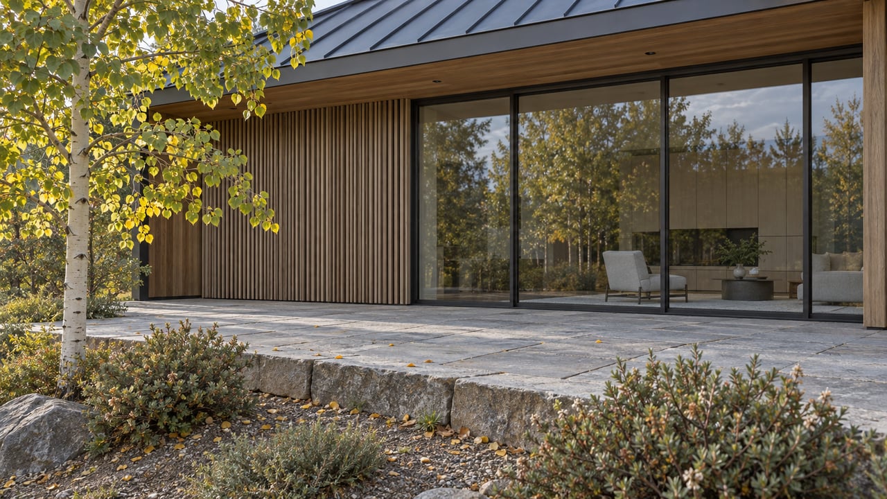 Modern cedar-and-glass house beside a stone terrace, with an aspen showing scattered yellow leaves.