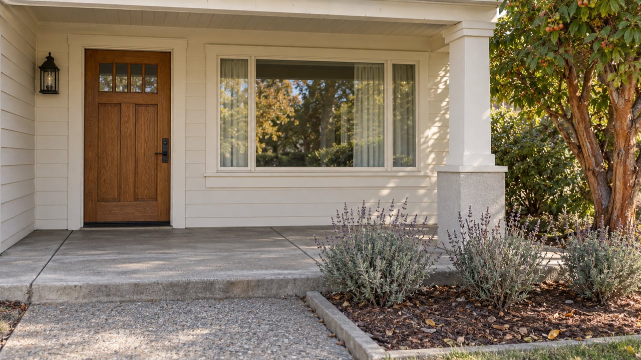 Home entrance with a wooden front door, covered porch, white siding, and autumn foliage.