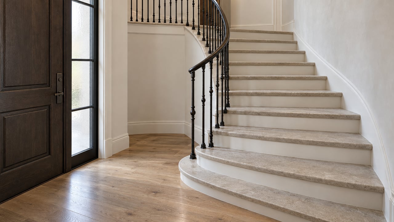 Curving limestone staircase with white risers, black iron balusters, and a glazed sidelight beside the entry door.
