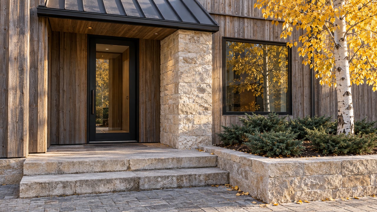 Cedar and pale stone residential entrance beside a gold-leaved aspen, with glazed black metal door and worn stone steps.