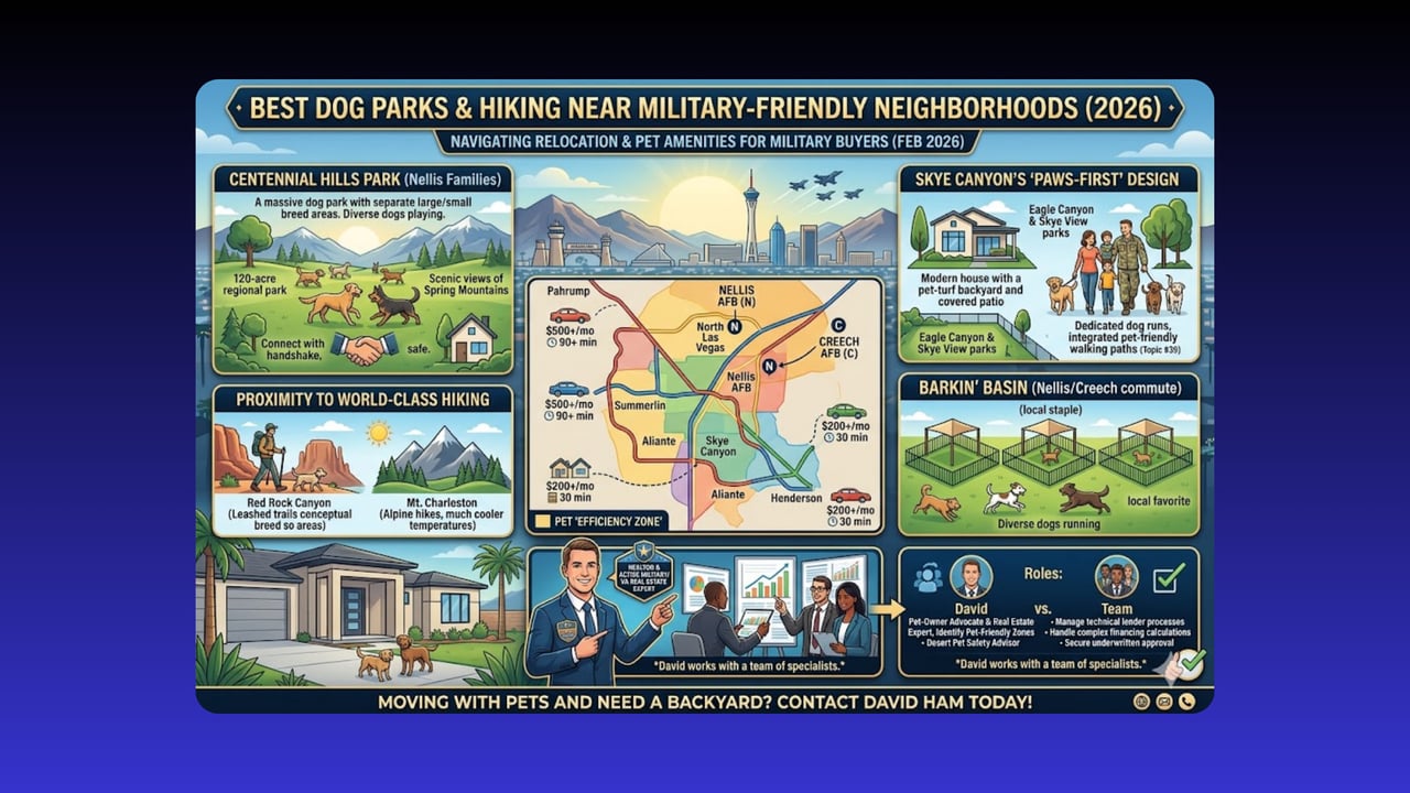 Infographic maps Las Vegas dog parks, hiking areas, military bases, and pet-friendly neighborhoods.