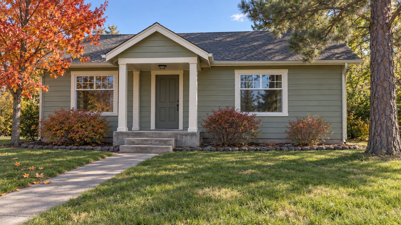 Sage-sided bungalow with a covered porch, deep front lawn, orange-red maple and mature pine in clear autumn sunlight.