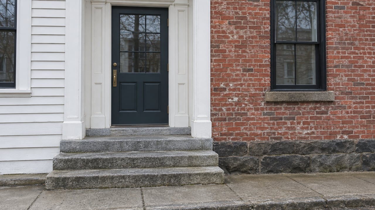 White clapboard entry with granite steps beside an older red-brick facade and black-framed window.