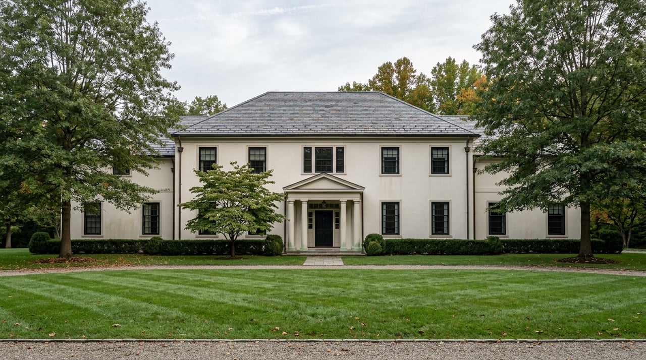 Symmetrical off-white manor with a columned entrance, deep green lawn, stone path, and mature trees.