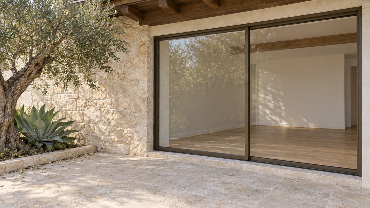 Limestone terrace beside glazed sliding doors, with an olive tree and agave in a recessed bed.