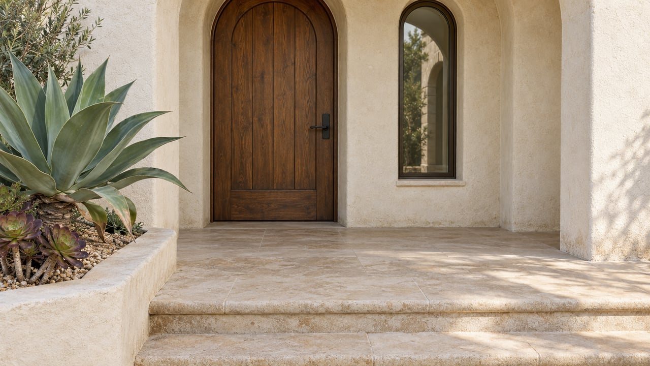 Sunlit ivory stucco entry with a recessed oak door, arched window, worn limestone steps and sculptural succulent planting.