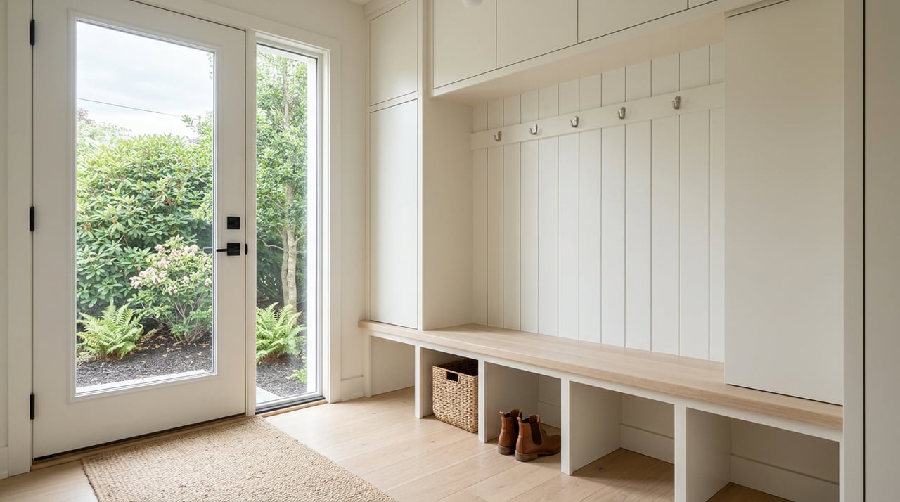 Bright mudroom entry with built-in storage and a window overlooking nearby plants.