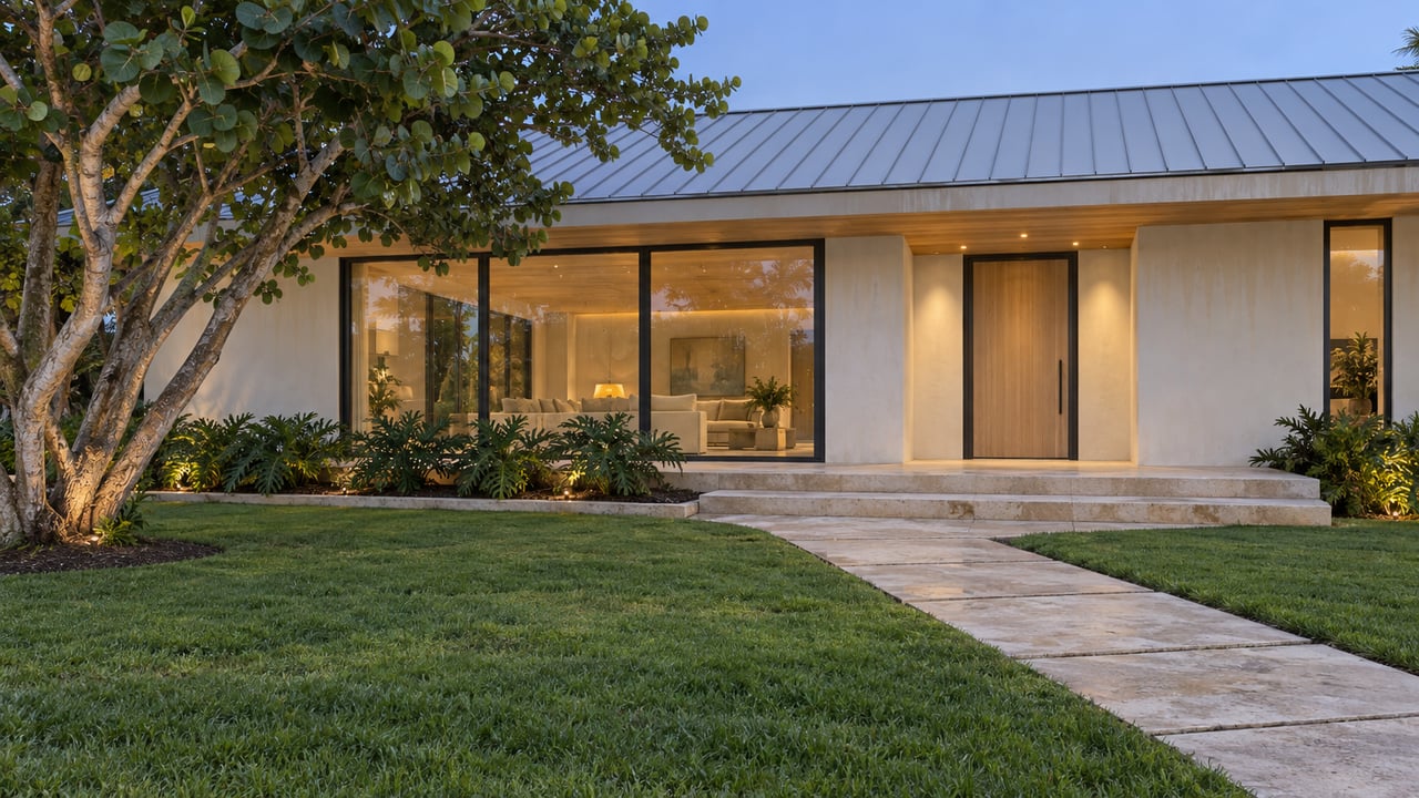 Twilight across a deep lawn and limestone approach to a pale stucco residence with a metal roof, warm enclosed windows and a sculptural sea grape tree.