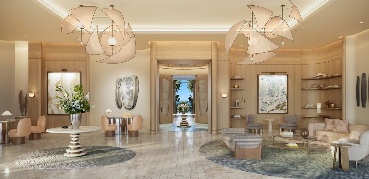 St. Regis Bahia Mar Fort Lauderdale resort arrival lobby rendering.