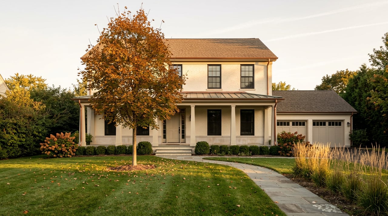 Ivory-brick suburban home with a covered porch, curved stone walkway, and amber maple leaves scattered across the lawn.
