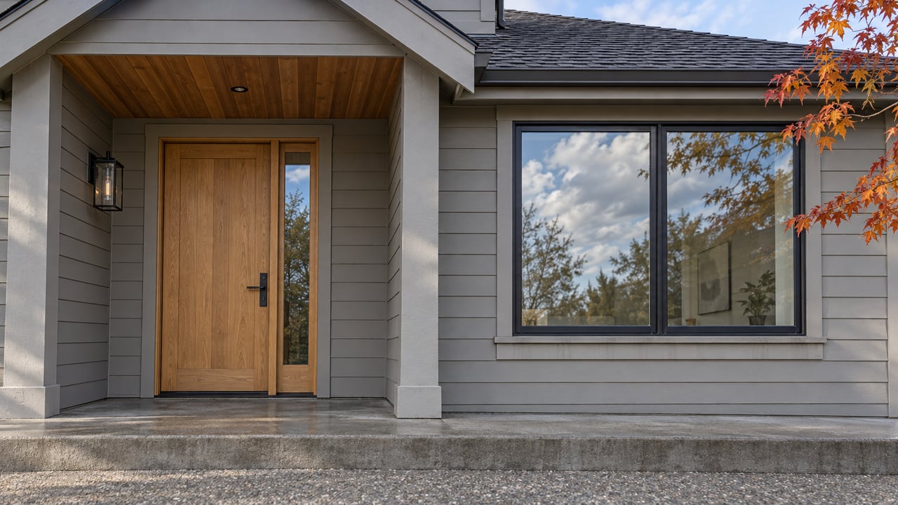 Close exterior view of a gabled home entry with gray siding, a natural wood door, cedar soffit and orange-red maple leaves.