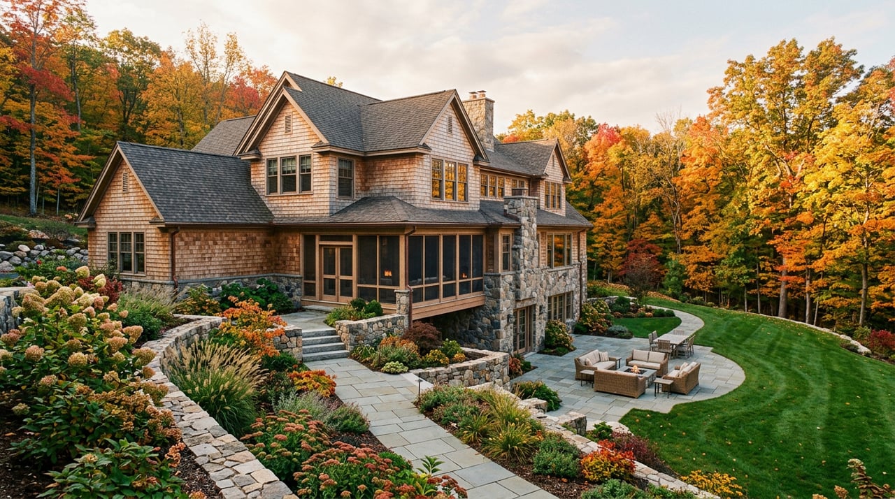 Large shingle-and-stone home beside a stone terrace and lawn, with autumn-colored trees behind it.