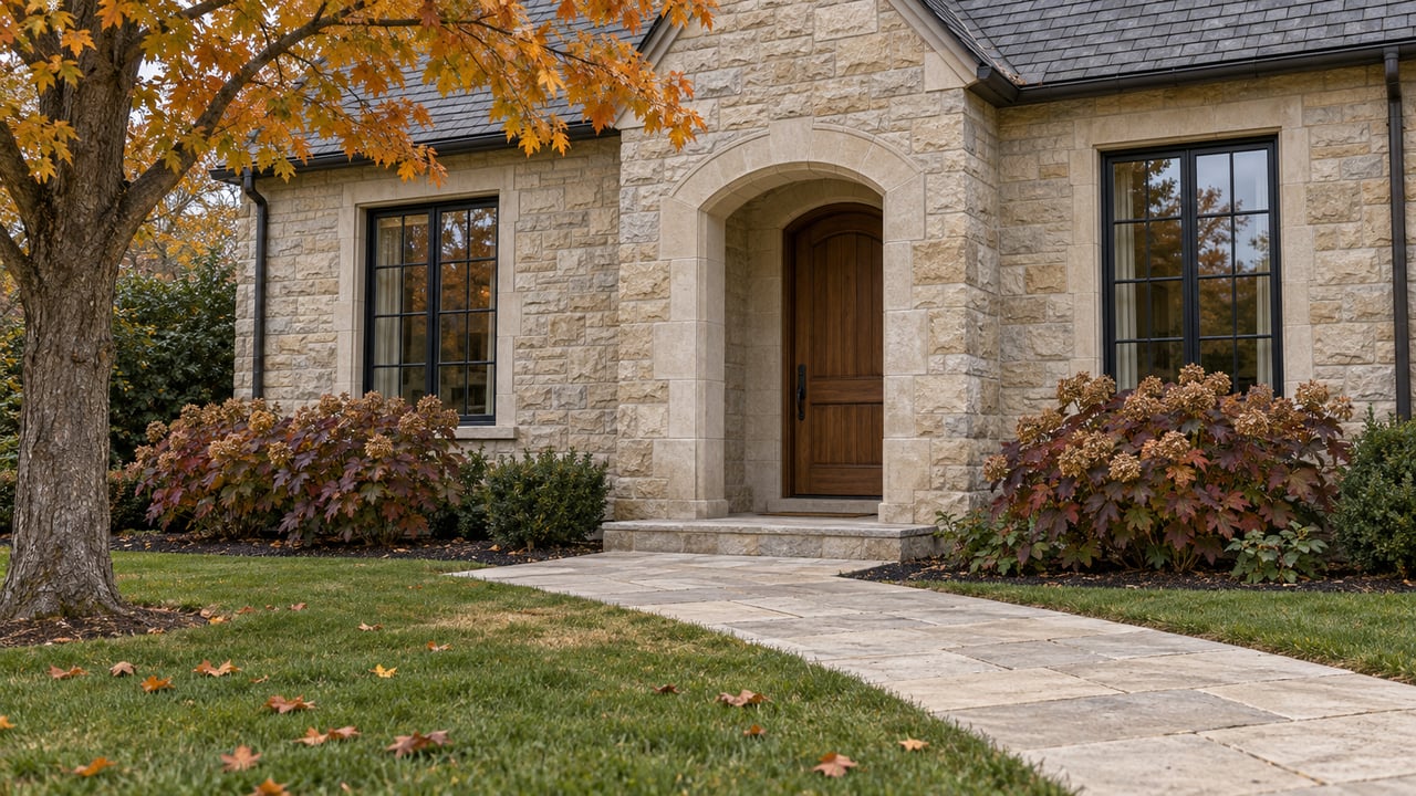 Limestone home entrance with a closed oak door, black-framed windows and an autumn maple beside a stone approach.