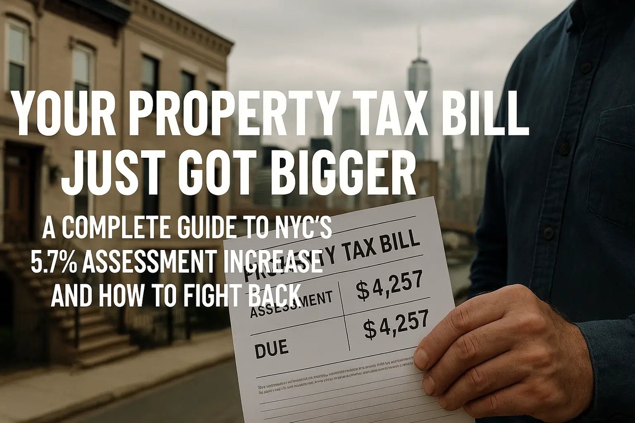 "Man holding NYC property tax bill showing increased amount with city skyline in background – headline reads 'Your Property Tax Bill Just Got Bigger'"